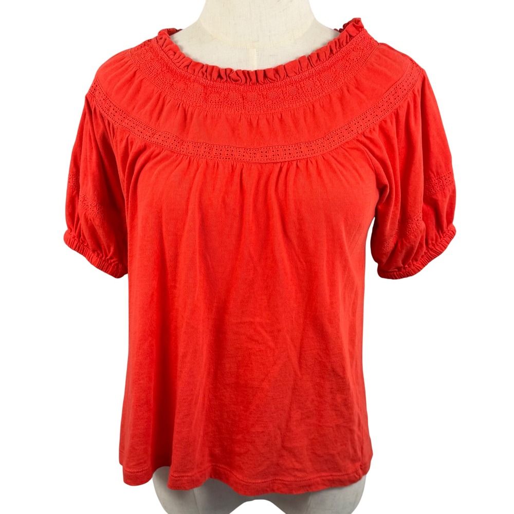 LOFT SP Top Coral Eyelet Lace Ruffle Neck Puff Sleeve Boho Summer Peasant EUC